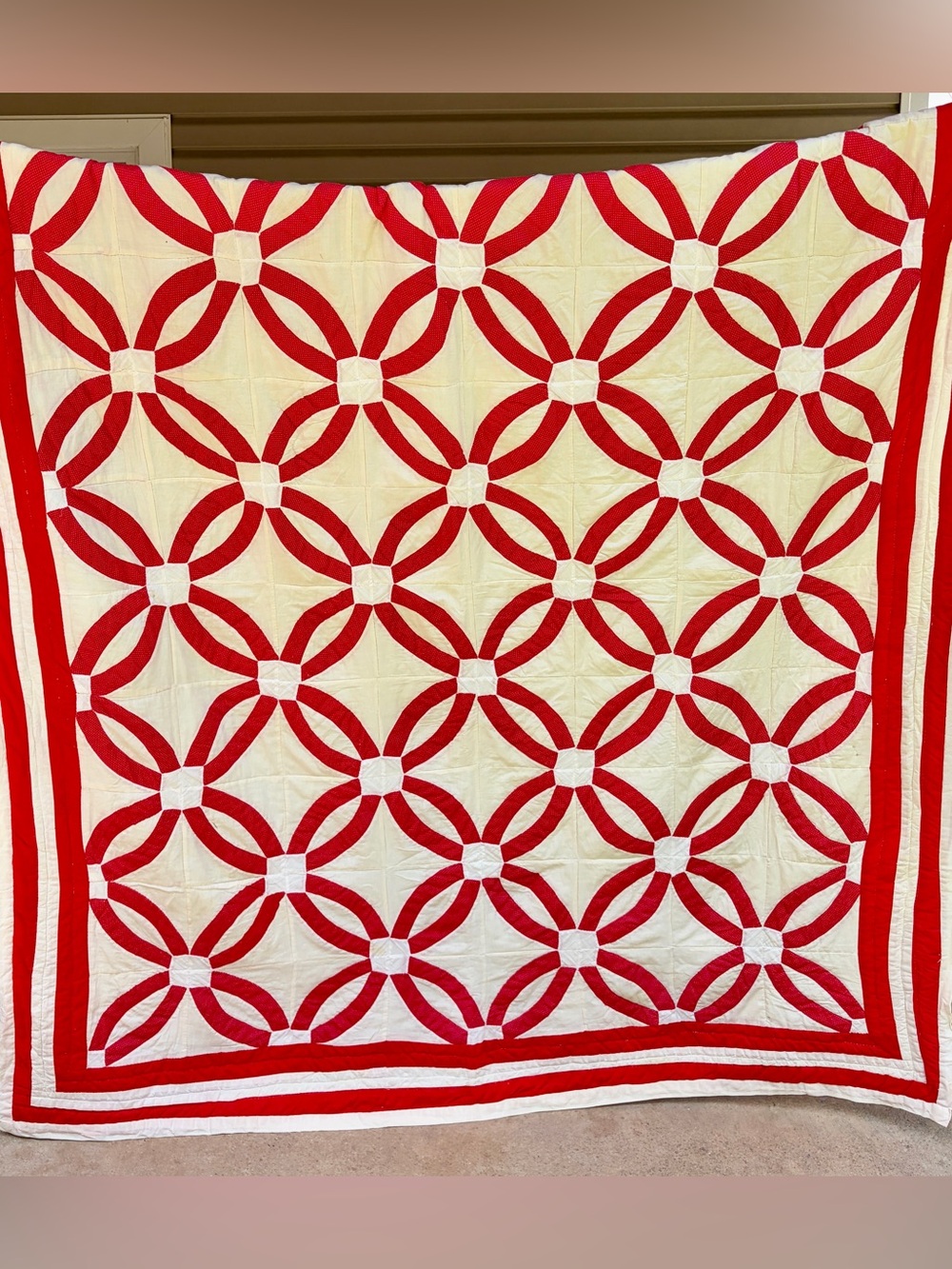 Vintage Double Wedding Ring Quilt - Red & Cream Handmade Quilt - 86 x 71
